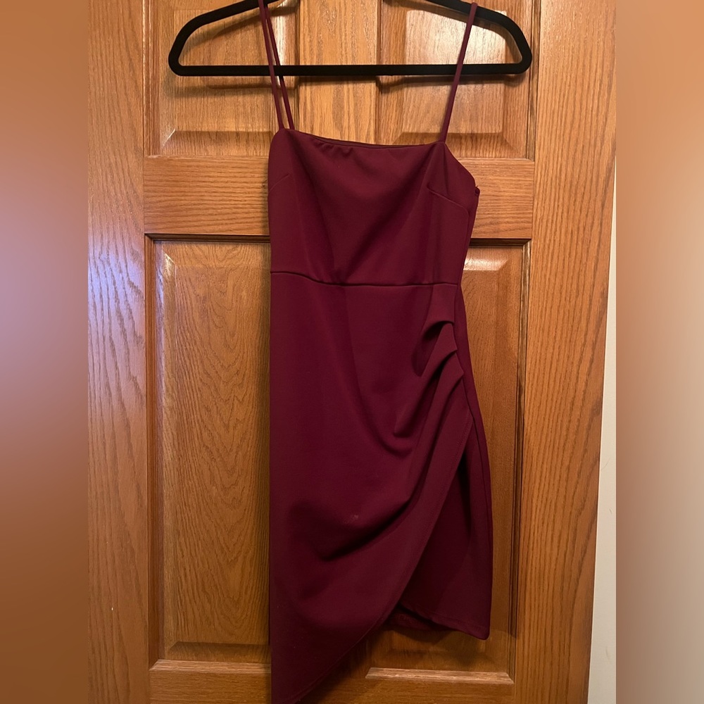 Burgundy Red Mini Dress, runched up on left side. Size small